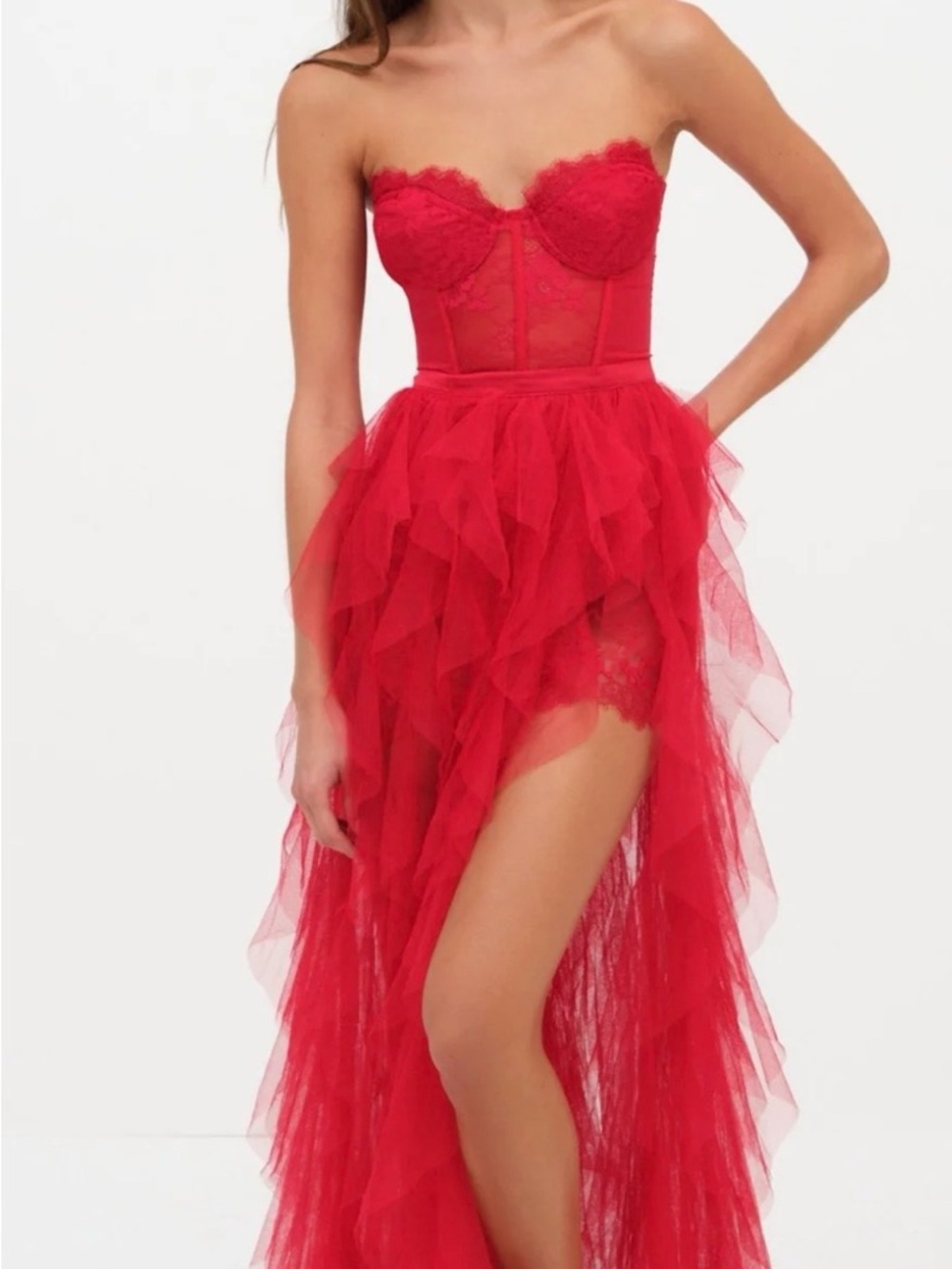For Love & Lemons Strapless Lace Bustier Tulle High-Low Gown Dress Size XXSmall